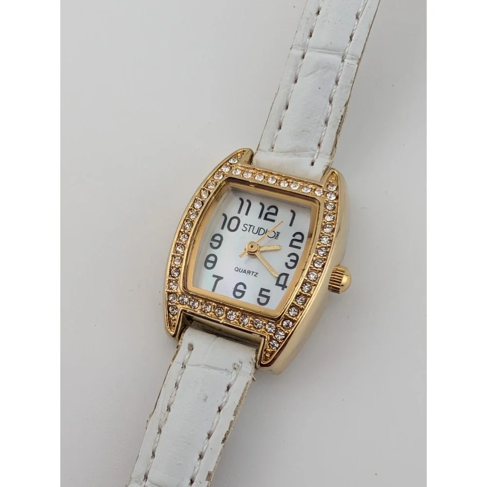 Studio‎ Time Watch Women 21mm Gold Case MOP Dial White Band- New Battery